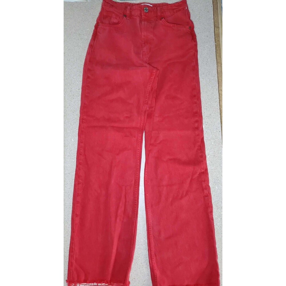 Zara Jeans Womens 6 Red Wide Leg High Rise Dark Wash Denim 100% Cotton